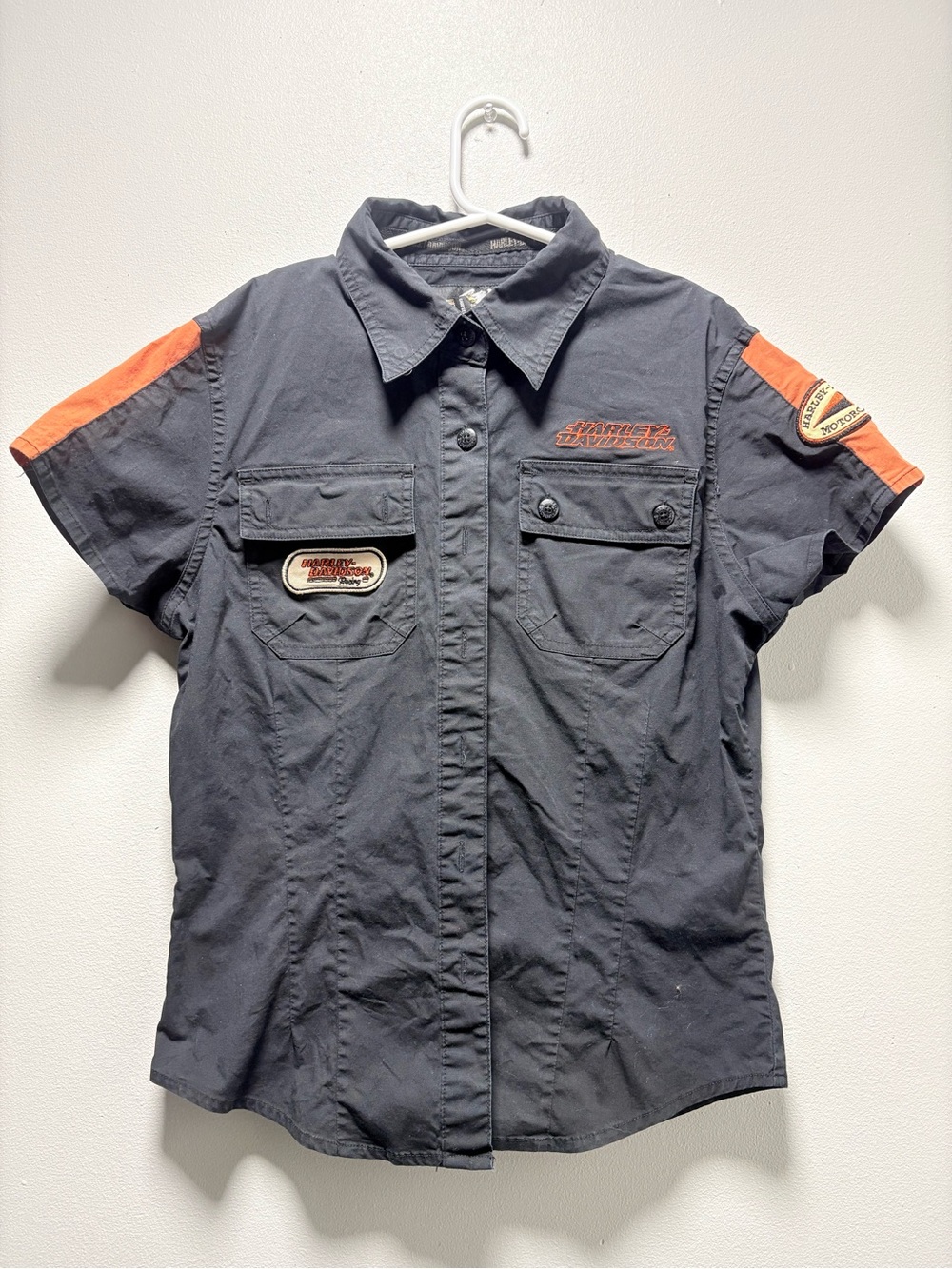 Harley-Davidson Black Short Sleeve Button Shirt with Orange Sleeve Stripes